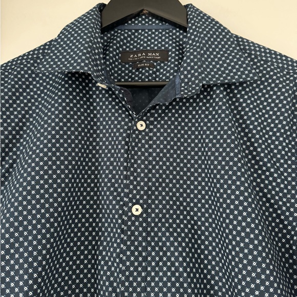Zara Man Slim Fit Navy Print Button Down Shirt - Picture 3 of 5